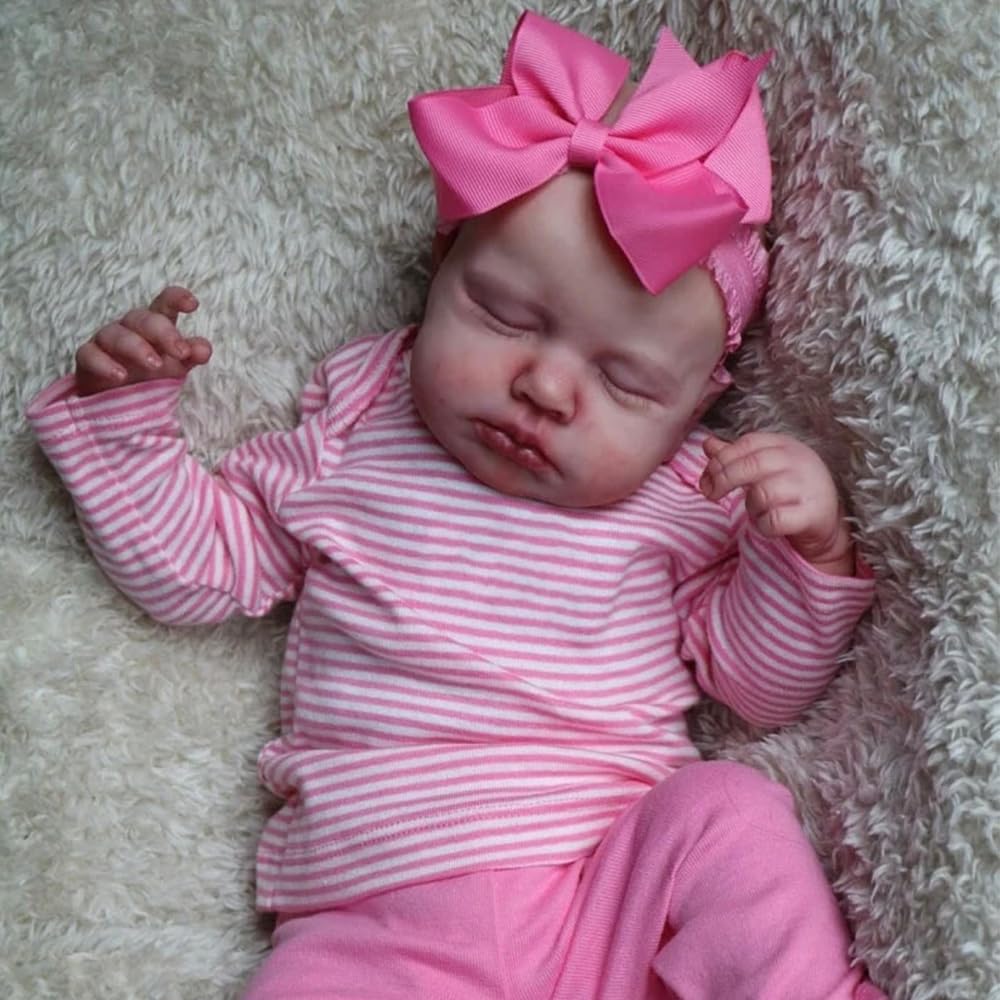Bambola Reborns 50 cm, Vinile di Alta Qualità, Bambole Reborn Femmine Outfit Rosa e Bianco a Righe Bambola Realistica Rinato con Accessori dai 3 Anni in su (Versione Bambina Con Occhi Chiusi)
