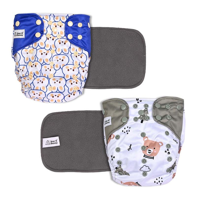 Bear & Bunny cloth diapers for babies 0 to 3 years, 2 reusable diaper 2 insert pad combo washable adjustable pocket cotton free size new born baby cloth diaper