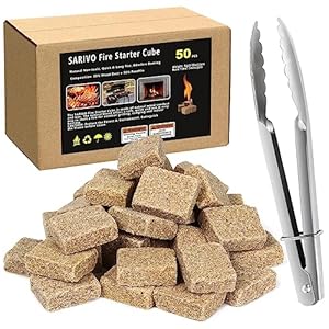 SARIVO 50pcs Charcoal Fire Starter Firelighter with Handy Tongs for Camping Grill BBQ Survival, Quick-Burn Long-Lasting Fire Stick Firewood Stove Accessory for Wild Adventure Chimney Campfire (Cube)