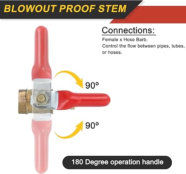 uxcell 2Pcs Brass Water Mini Ball Valve Shut Off Switch, G1/4 Female x 3/8 Hose Barb, 180 Degree Operation Handle, Brass Valve