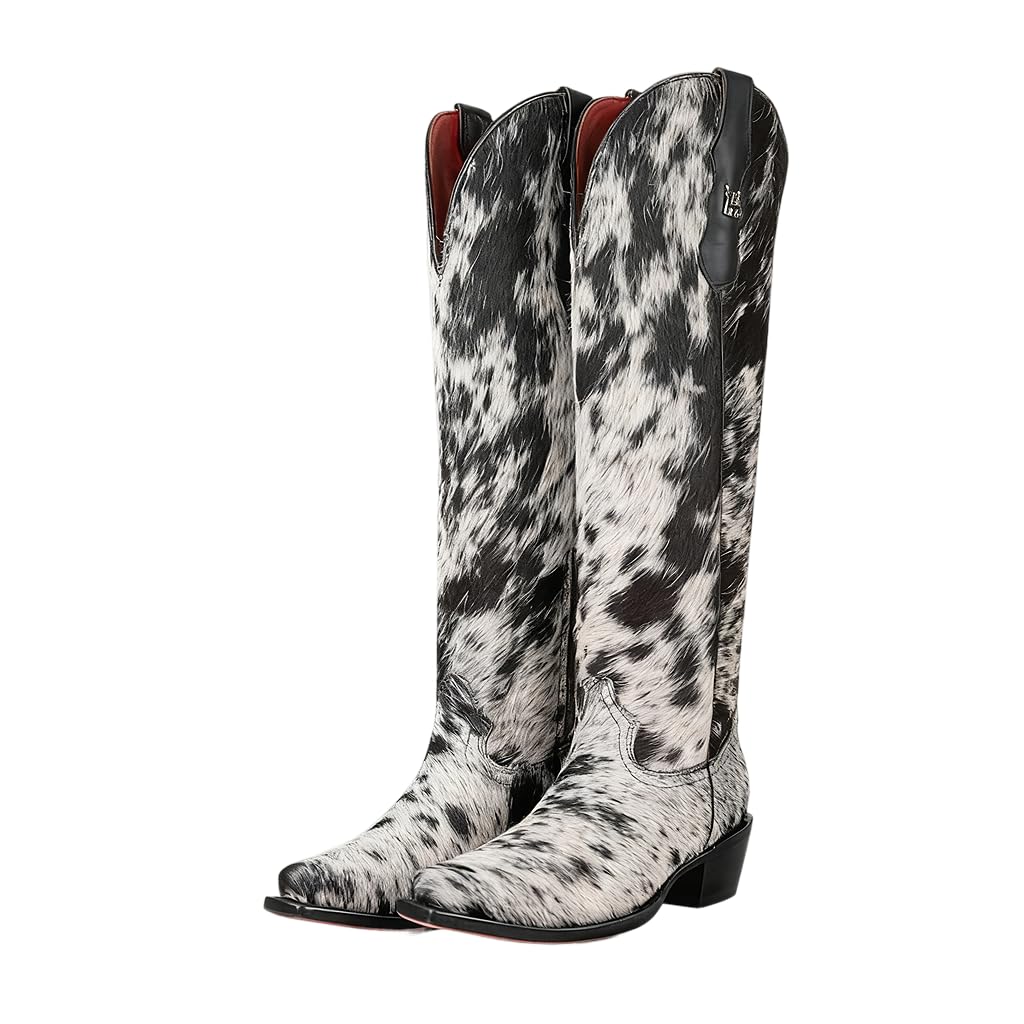 Womens Over The Knee Cowboy Boots Black White Printing Pointed Toe Cowgirl Boots Casual Boots Low Chunky Heel
