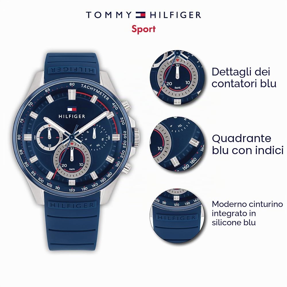 Tommy Hilfiger Orologio Analogico Multifunzione al Quarzo da Uomo con Cinturino in Silicone Blu - 1791970