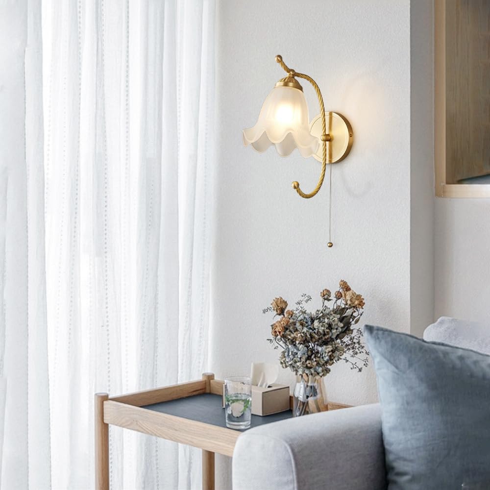Applique da Parete in Ottone con Cordino, Lampada in Vetro Satinato, Lampada a Forma di Fiore in Stile Nordico, Lampada da Comodino, Applique a Cablaggio Fisso per Soggiorno e Came