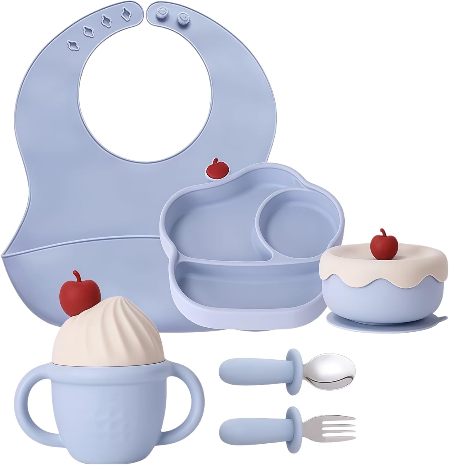 Silicone Baby Feeding Set, Gelato Collection Baby Led Weaning Supplies, First Self-Feeding Ice Cream Set, Silicone Suction Bowl with Cherry Lid & Plate, Straw Cup & Bib, Fork & Spoon