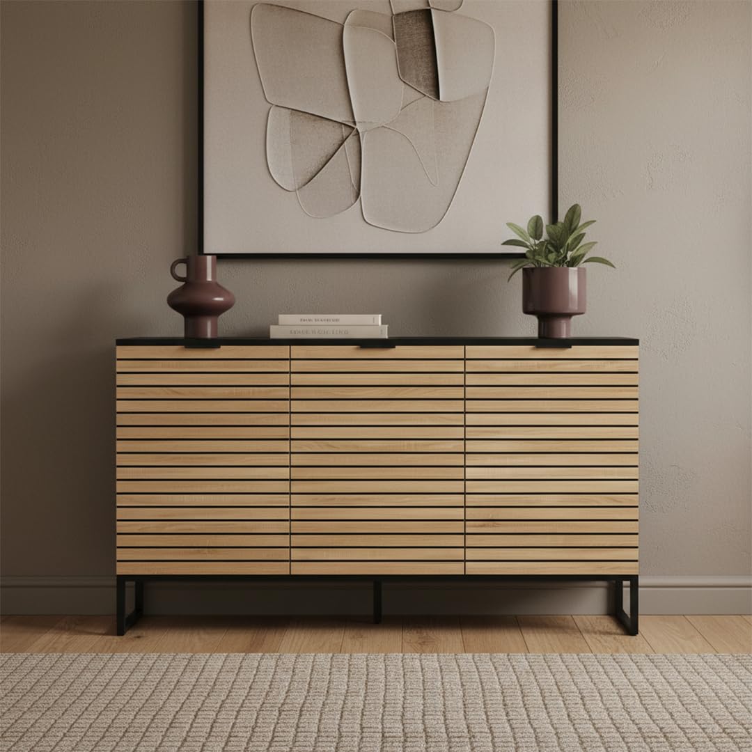 Bellamio Luvua Kommode mit 6 Fächern – Sideboard in schwarz mit Eichen-Front – Lowboard mit 3 Türen – Aufbewahrungskommode für Wohnzimmer, Schlafzimmer, Flur – Holz Schrank 80 x 40 x 135 cm (HxTxB)