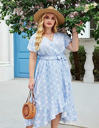Image of IN'VOLAND Plus Size Womens Floral Summer Dress Casual Wrap V Neck Short Sleeve Belted Beach Bohemian Maxi Dress