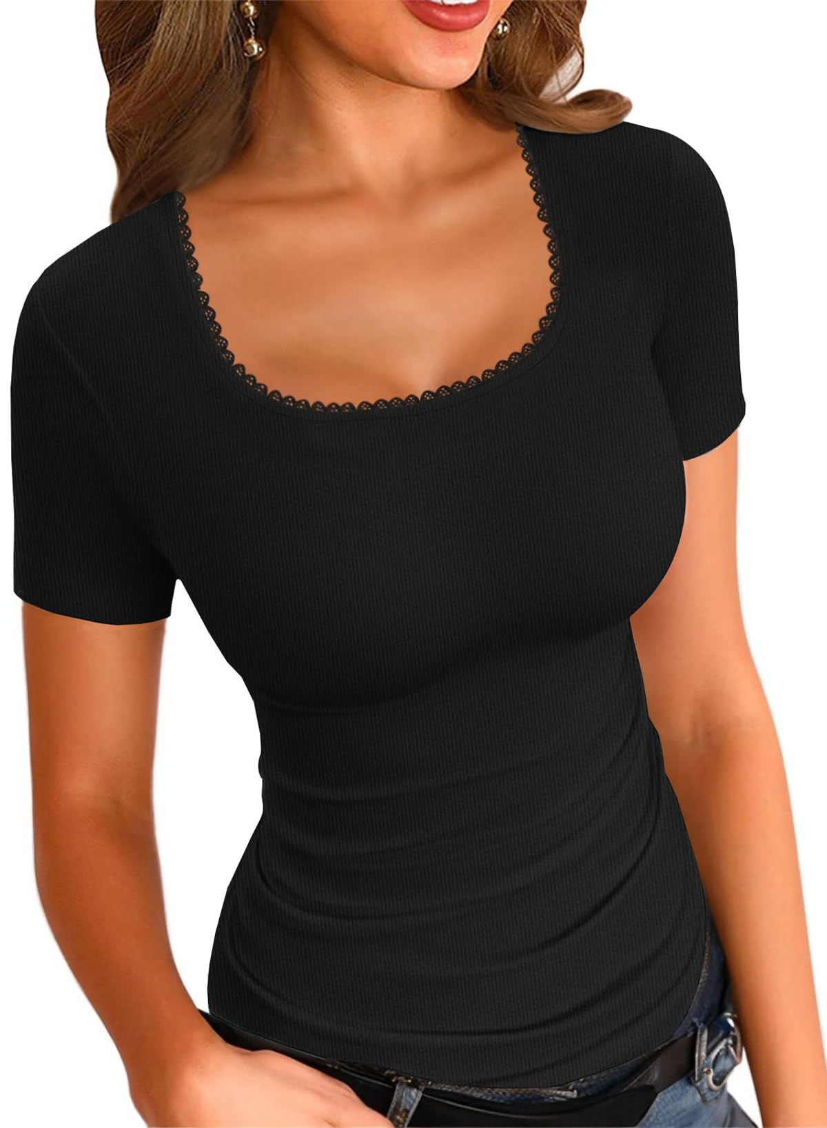 LOLONG Womens Short Sleeve Ribbed T Shirts Summer Casual Square Neck Lace Patchwork Tops