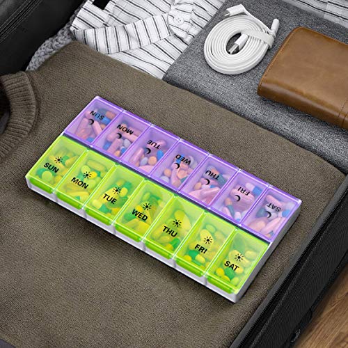 Image of DANYING Extra Large Pill Organizer 2 Times a Day, XL Weekly Pill Box, AM PM Pill Case, Pill Container 7 Day, Vitamin Case Twice a Day, Green & Purple