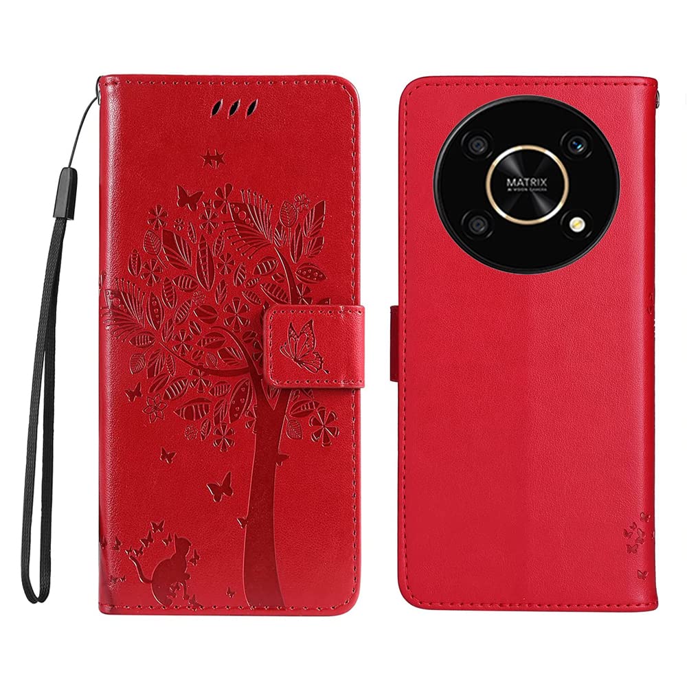 USIXXINMEI Protective Phone Case for Honor Magic4 Lite 5G(Magic 4 Lite 4G), PU/TPU Flip Leather Cover Magnetic Wallet, Red