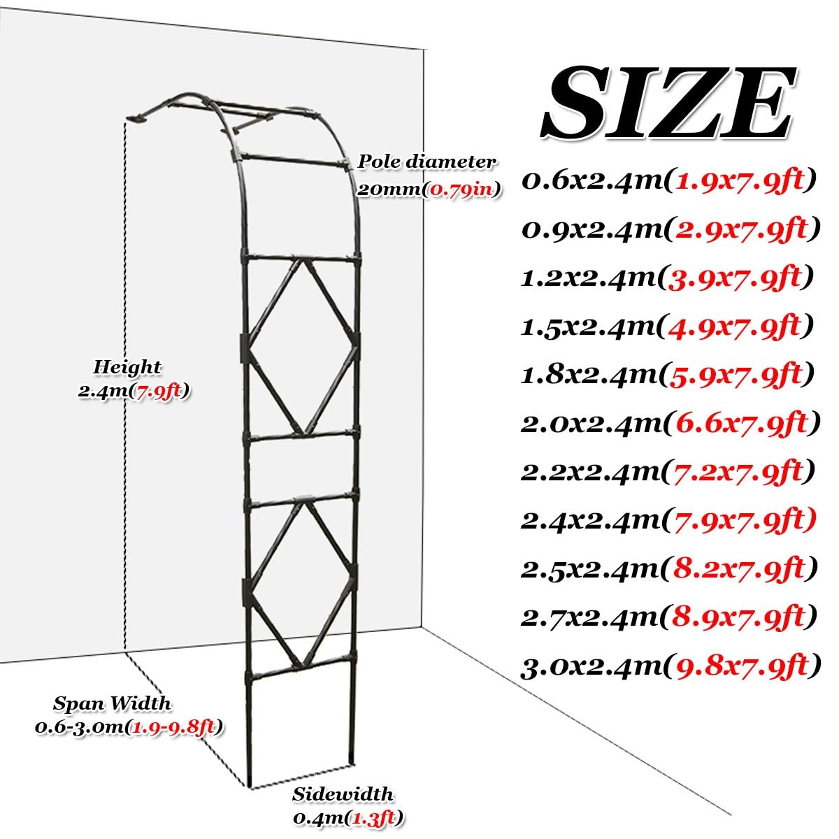Zewnętrzny metalowy łuk ogrodowy – odporna na warunki atmosferyczne róża kratka do roślin pnących, 3,0 x 2,4 m, elegancki czarny design, idealna do dekoracji ogrodu i wsparcia.
