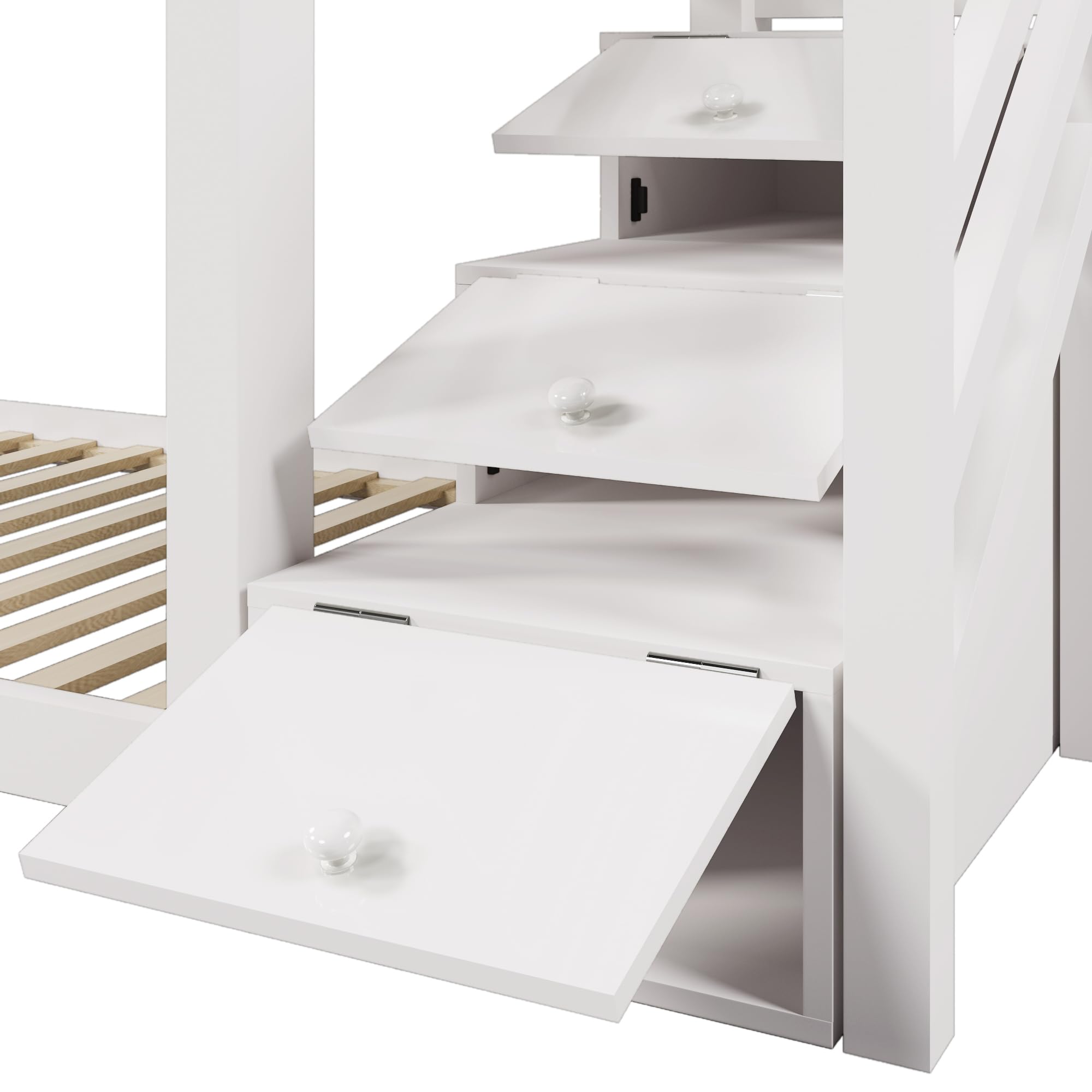 Su & Chan Legence Kinderbett 90 x 200cm mit Stauraum Treppe, Hochbett mit Rutsche und Rausfallschutz, Etagenbett Baumhaus mit Holz Lattenrost, Ohne Matratze, Weiß