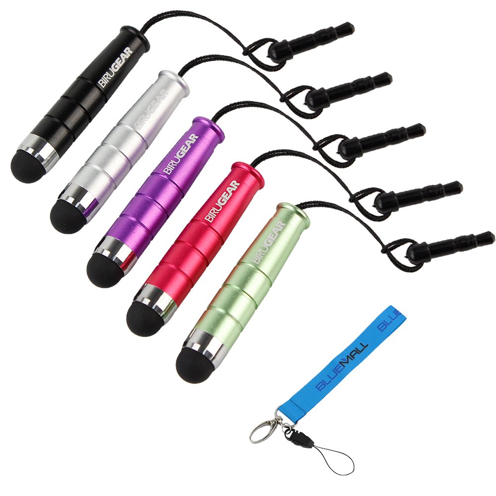 GTMax 7pc Accessory Set Including 5x Stylus with 3.5mm adapter (Black/Red/Purple/Silver/Green) + LCD Mobile Screen Cleaner & Blue Wrist Strap Lanyard for Compatible Models