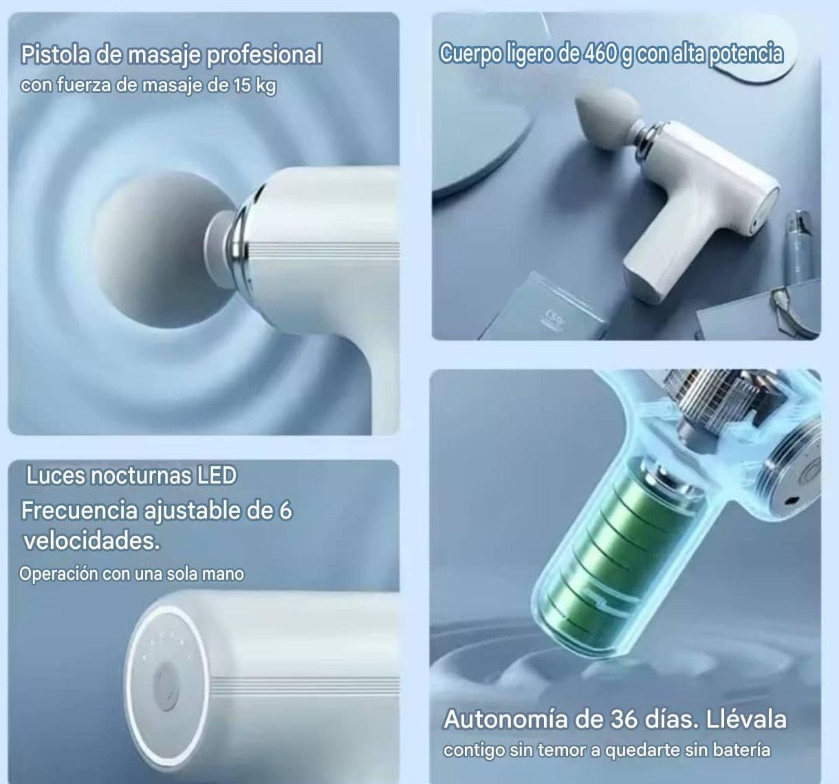 Pistola de Masaje Muscular Portátil Profesional – 6 Velocidades, 4 Cabezales Intercambiables, Motor Ultrasilencioso y Batería de Larga Duración USB-C – Alivio para Dolor, Tensión y Recuperación
