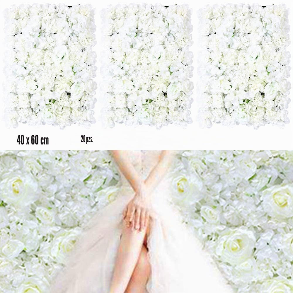 WooDerson 20 paneles de pared de flores artificiales blancas, 60 x 40 cm, para pared, flores artificiales, panel de pared para fiestas, decoración del hogar, bodas, etc