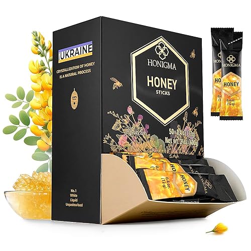 HONIGMA Palitos de miel de acacia deliciosamente dulces  50 unidades (0.44 onzas cada uno)  Miel ucraniana pura  De origen sostenible  Lleno de