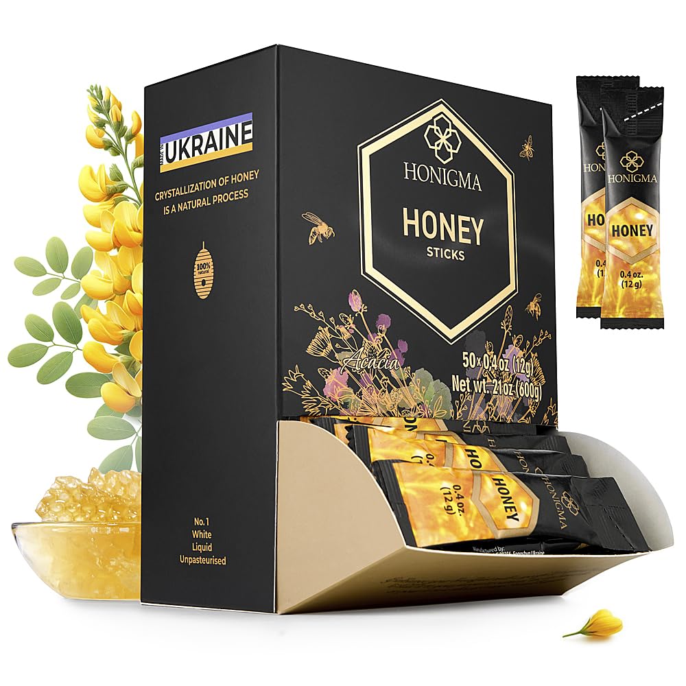 HONIGMA® Pure Ukrainian Acacia Honey Sticks – Deliciously Sweet – Sustainably Sourced – 50 Count (12g Each) – Natural Energy Snack – Bursting with Flavor & Health Benefits (Pack of 1)