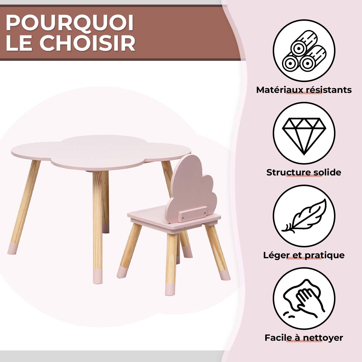 Rebecca Mobili Ensemble Table et 2 Chaises pour Enfants, pour la Décoration de la Chambre des Enfants, Rose Marron, MDF Pin - Dimensions : 44 x 60 x 60 cm / 50 x 25 x 25 cm - Art. RE6899