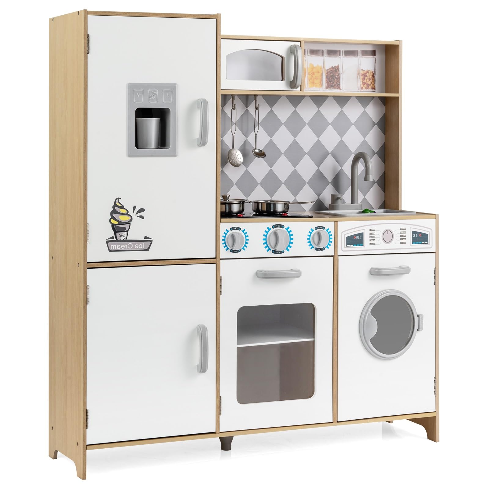 Kids Play Kitchen, Wooden Pretend Kitchen Toy with Ice Maker, Cooking Stove, Washing Machine, Oven, Microwave, Utensil, Real Sounds Lights, Large Chef Role Playset for Boys Girls 3+ (Natural)