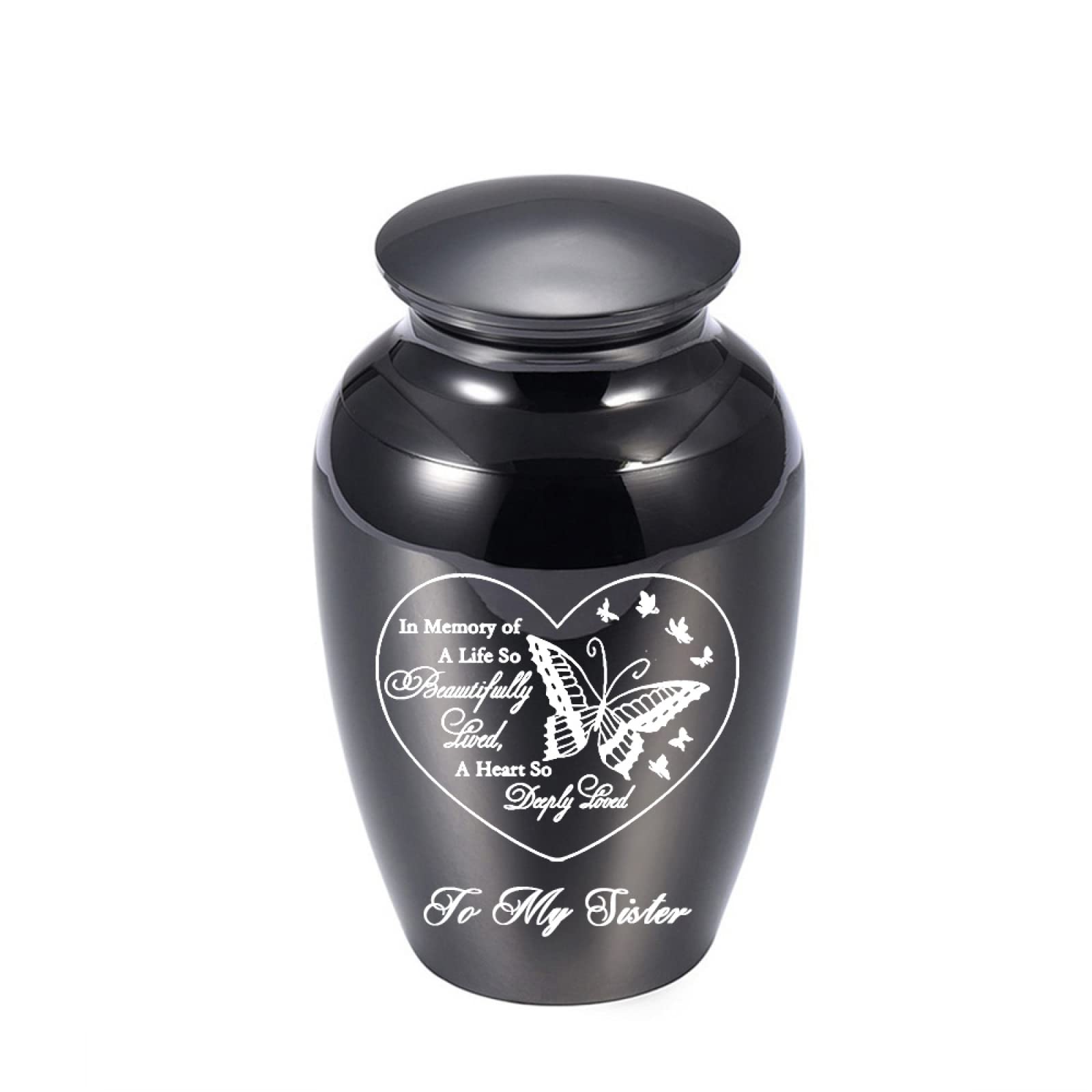 LZHLMCL Pet Urn 70Mm Aluminum Alloy Urn Jar Waterproof Urn Engraving Butterfly Cremation Urn Mini Urn For Human Ashes Keepsake Black Sister