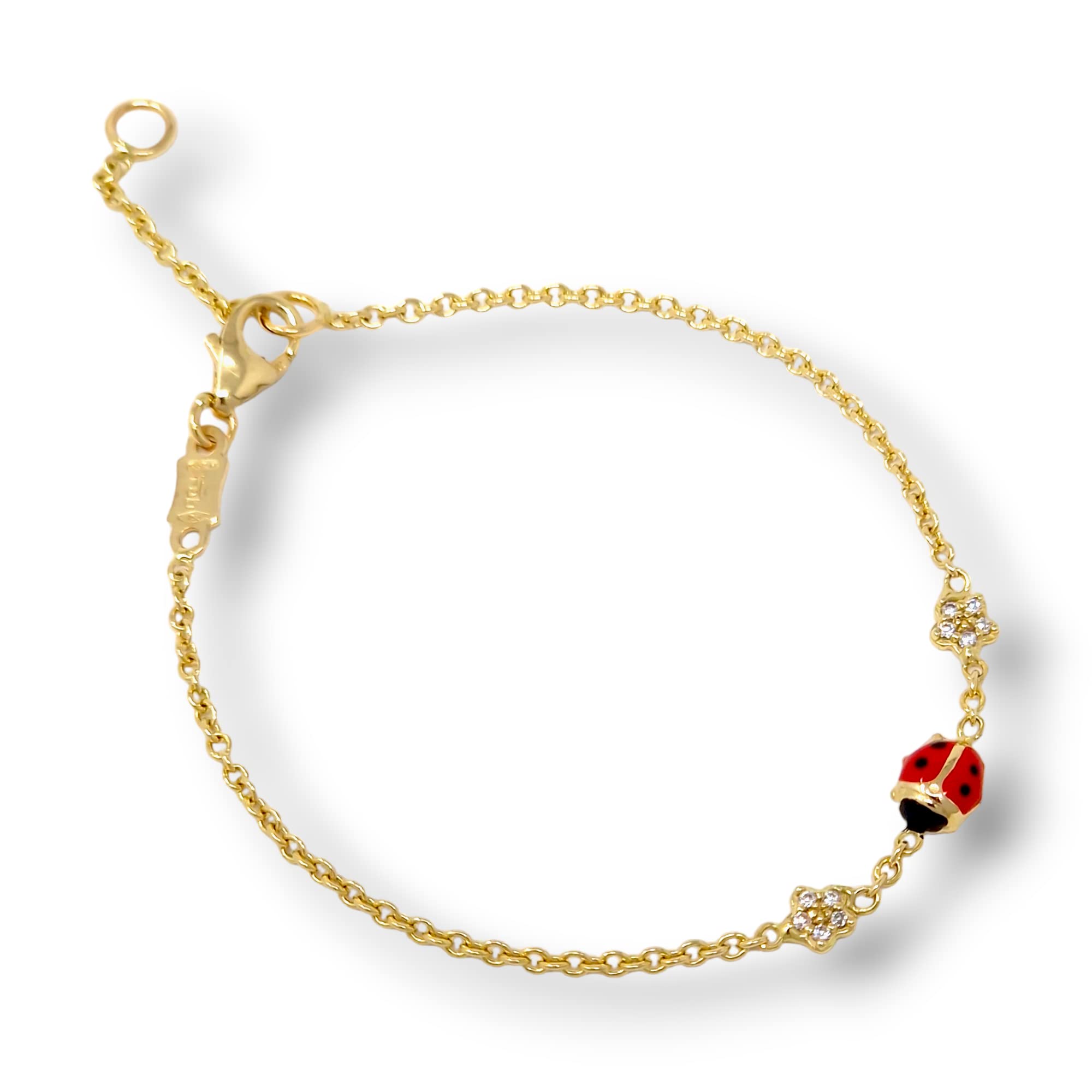 Italian Jewelry and Craftsmanship Bracciale coccinella rossa in oro giallo 18 Kt (750) per neonati o bambini unisex a catena Rolò doppia misura regolabile e fiori