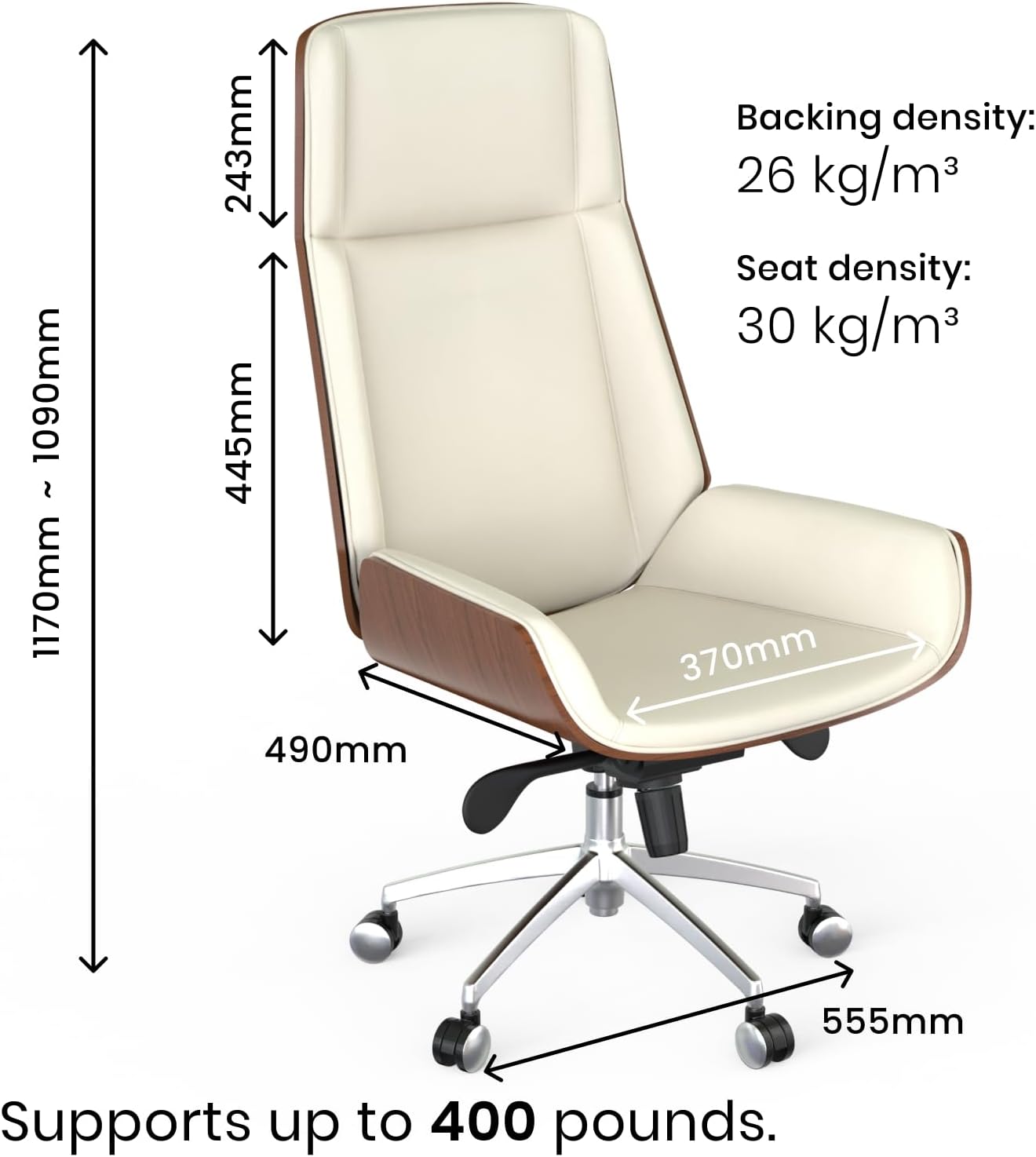 FOH Luxury Wooden Swivel and Adjustable Executive Chair, Wide Pu Leather Office Chair, Modern and Vintage Design High Back Computer Desk Chair for Conference Rooms and Home Offices (White)