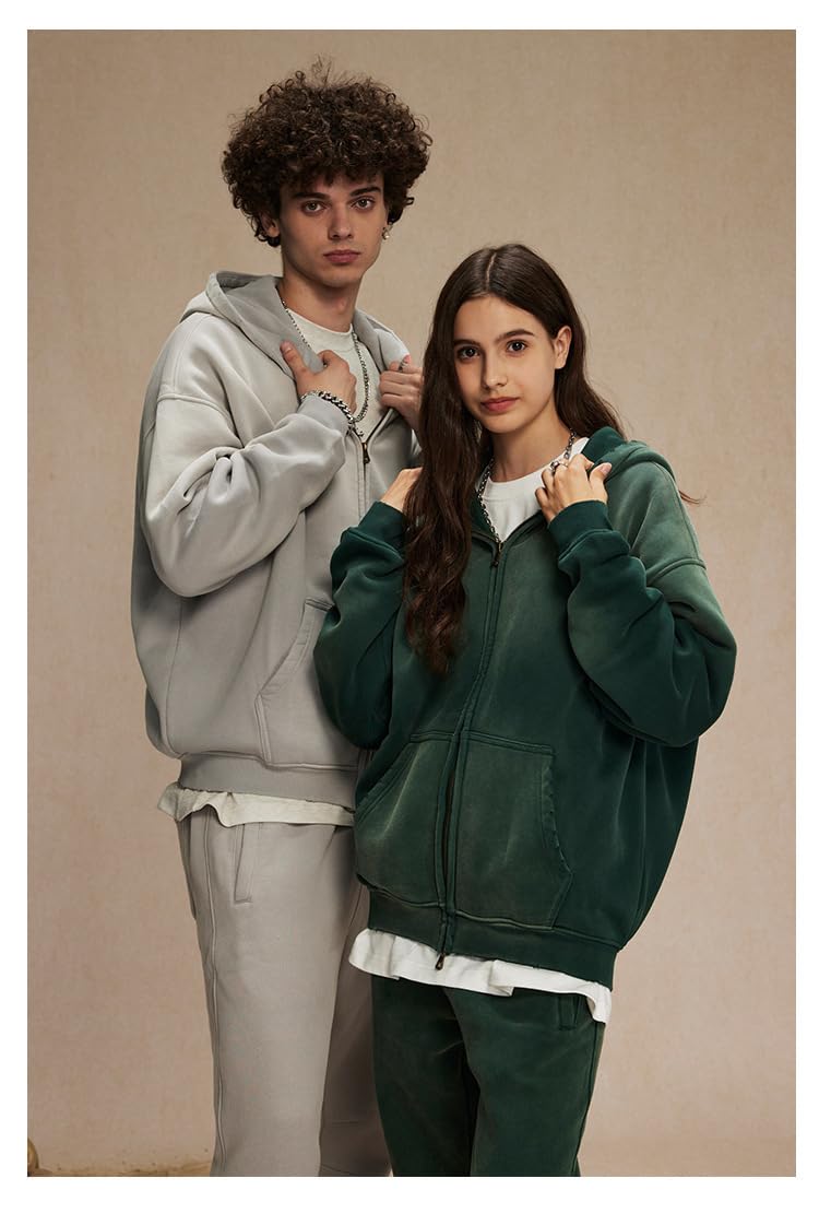 Felpa con cappuccio da uomo vintage con cerniera, oversize, con lavaggio acido, unisex, streetwear