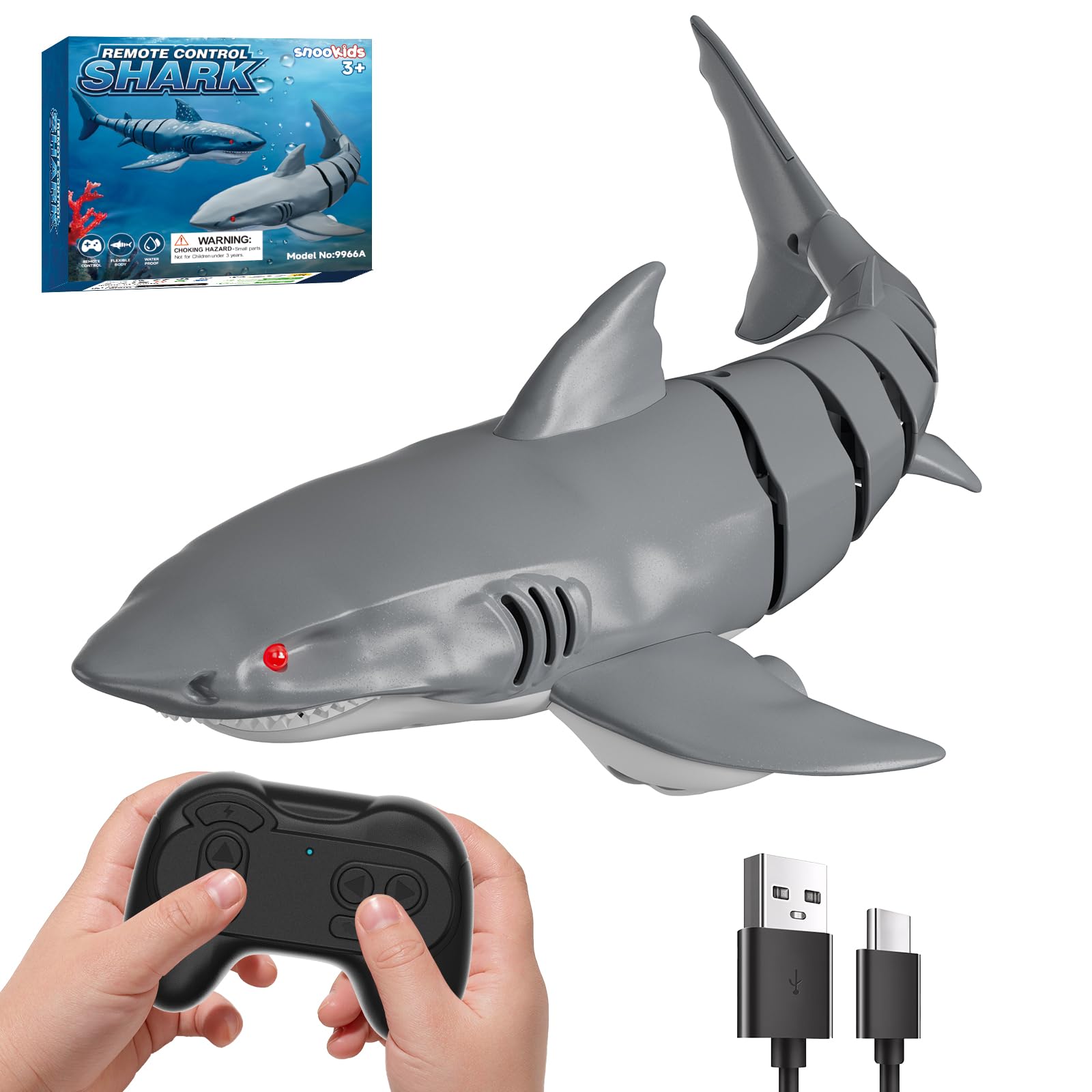 snookids Tiburón Teledirigido Juguete – 2,4 GHz Barco Teledirigido Simulación Shark, USB Recargable, Juguete Piscina con Luz en Ojos y Encendido Automático, Regalo para Niños y Niñas