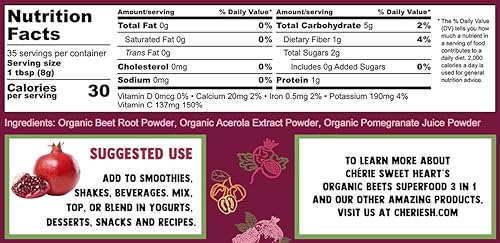 Miniatura 3 de Cherie Sweet Heart USDA Superalimento en polvo orgánico de remolacha, óxido nítrico 3 en 1, apoya la presión arterial saludable y la circulación
