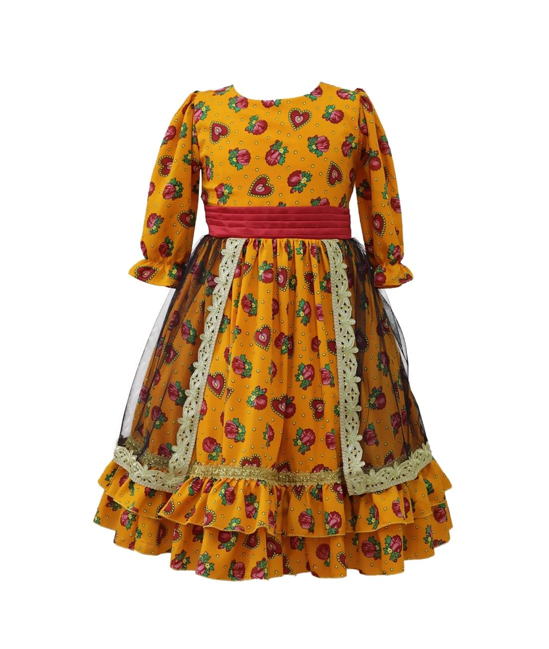 LamoraTraditional Dress With Heart Printing and Golden Lace فستان حق اللیلۃ