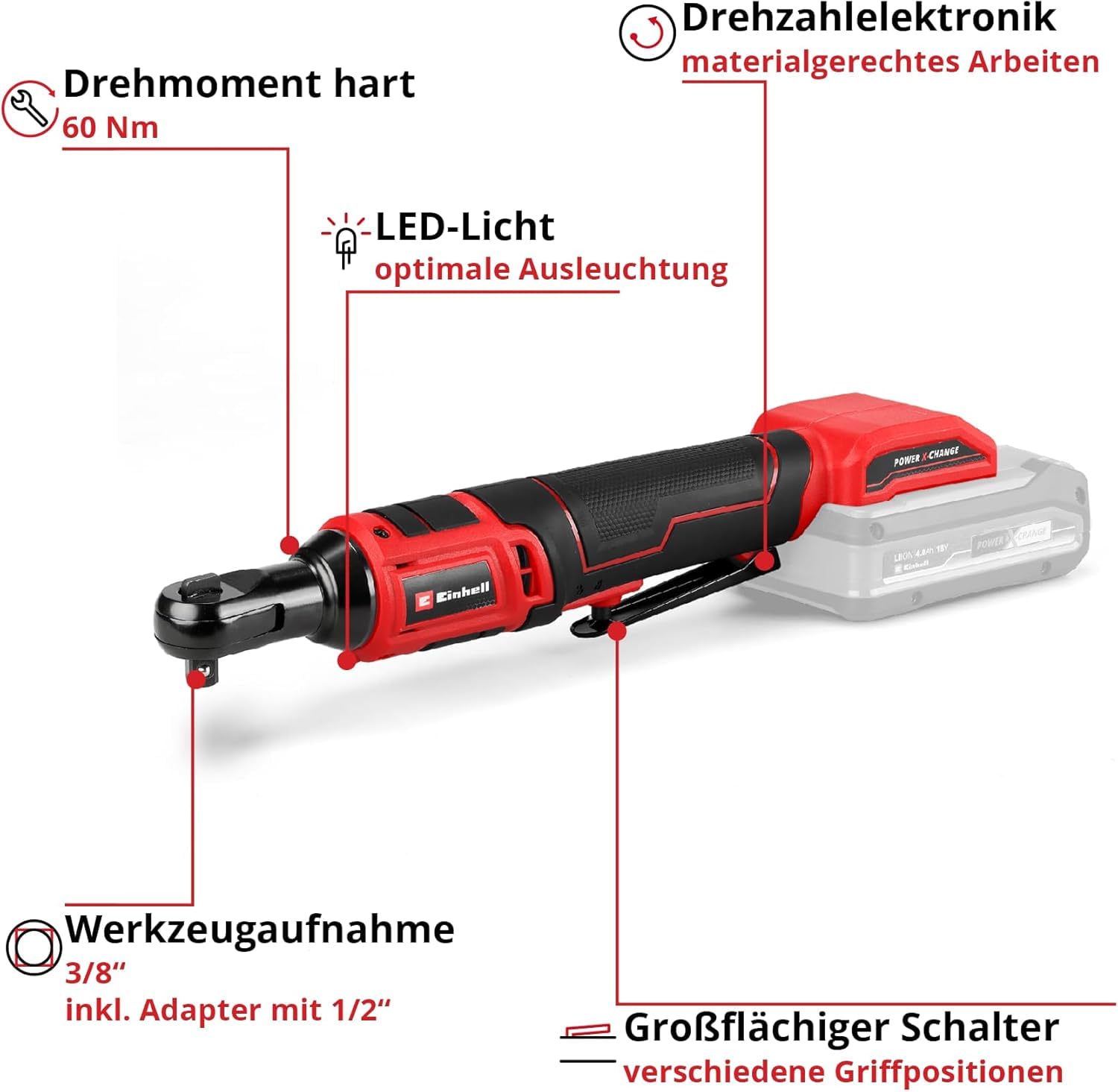 Einhell Akku-Ratschenschrauber TE-RW 18/60 Li-Solo Power X-Change (18 V, 60 Nm, 3/8"-Werkzeugaufnahme, Rechts-/Linkslauf, LED-Licht, inkl. 1/2"-Adapter, ohne Akku)