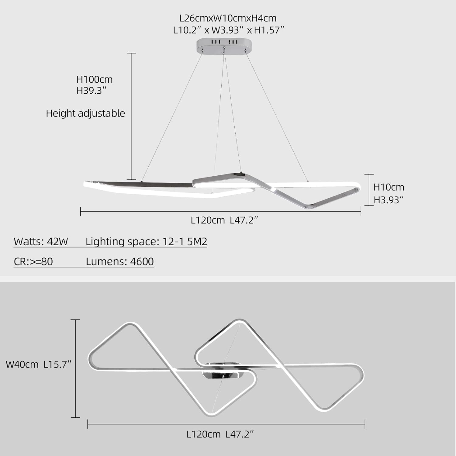 47.24 in Dimmable Modern LED Chandeliers for Dining Room - Adjustable Height Pendant Light Fixture Over Table, Contemporary Silver Chandelier Light Fixture (Chrome 47.24")