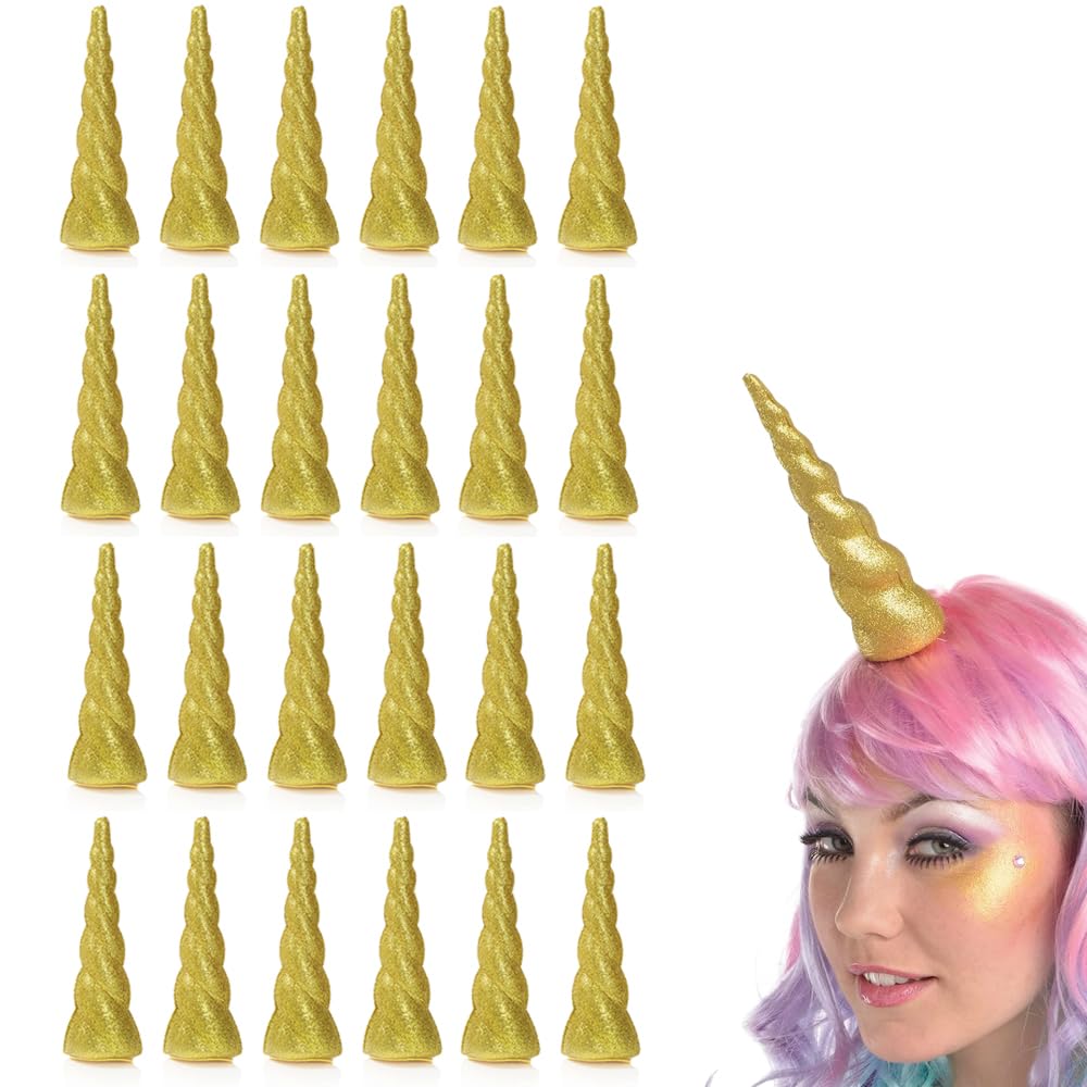 I LOVE FANCY DRESS Unicorn Horn Headband - Pack of 24 - Gold Glitter Unicorn Horn on a Headband - Girls Birthday Party Hair Accessory Photo Prop