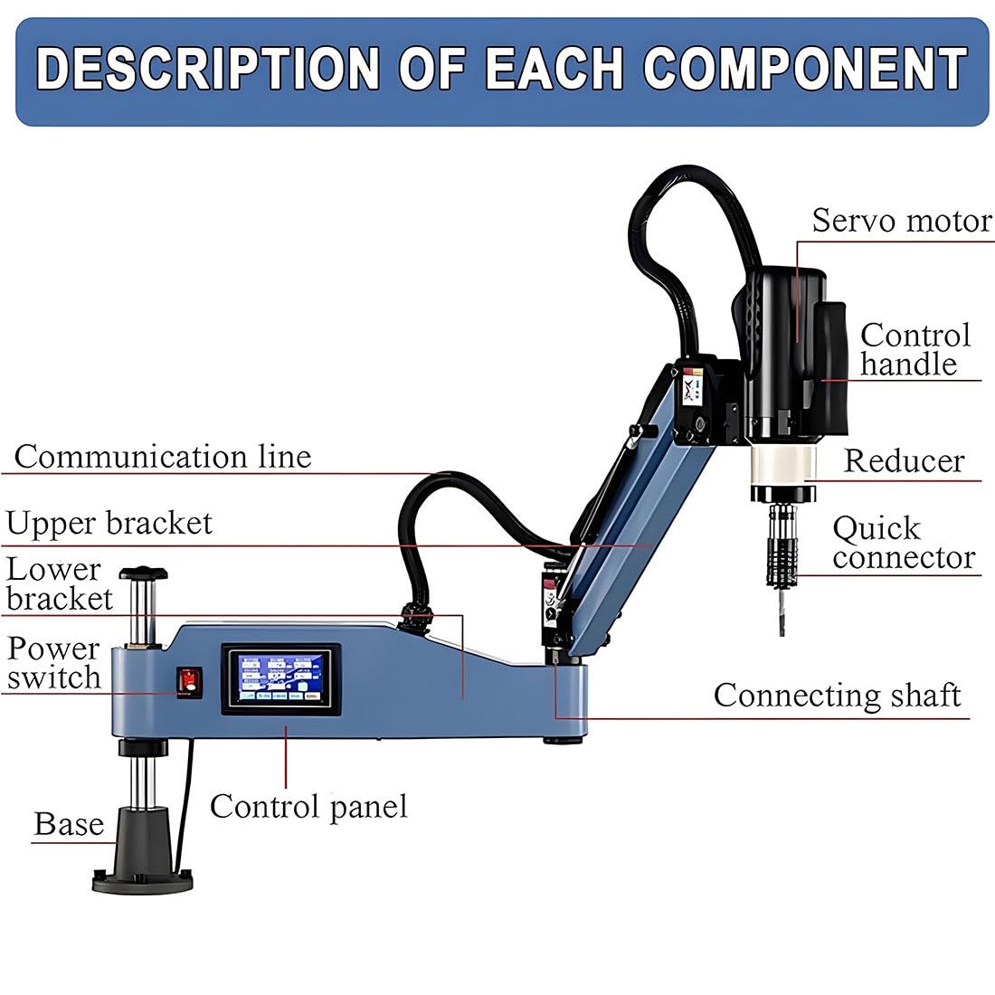 Roscadora Eléctrica, Brazo Roscador Universal 312 RPM, Brazo Roscador Flexible De 1000 Mm, Roscadora Vertical, Taladro/Roscadora, Pantalla Táctil Inteligente, 8 Pinzas (M3-M16) Blue