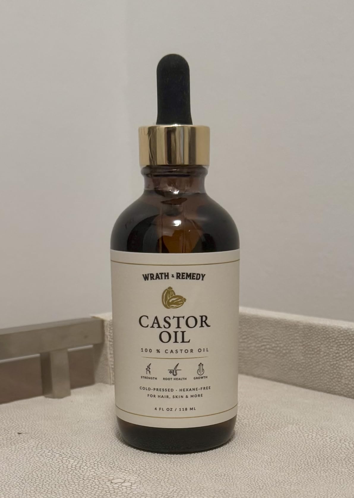 Wrath & Remedy Castor Oil Organic Hexane Free — USDA Certified, 100% Pure Cold Pressed Organic Castor Oil for Hair Growth & Strength, Fuller Lashes & Eyebrows, Hydrated & Rejuvenated Skin (Finest Glass Bottle, 4OZ)