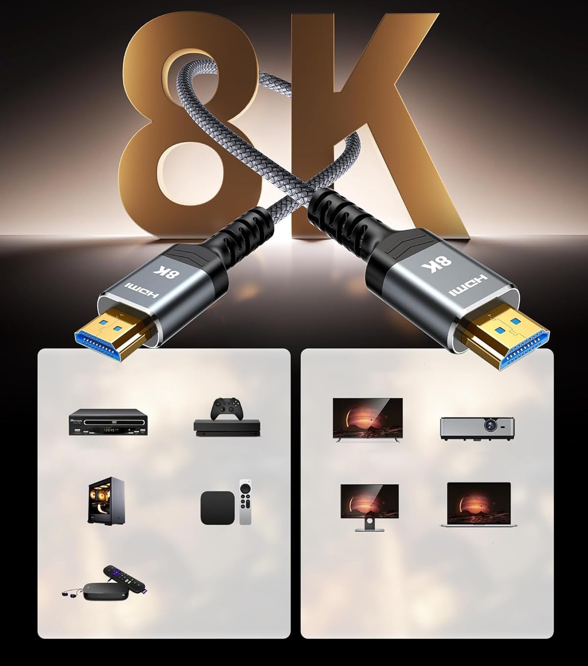 Cable HDMI 2.1, 15 m, 48 Gbps, 8 K, 60 Hz, 4 K, 120 Hz, alta velocidad, trenzado de nailon, con eARC y HDR