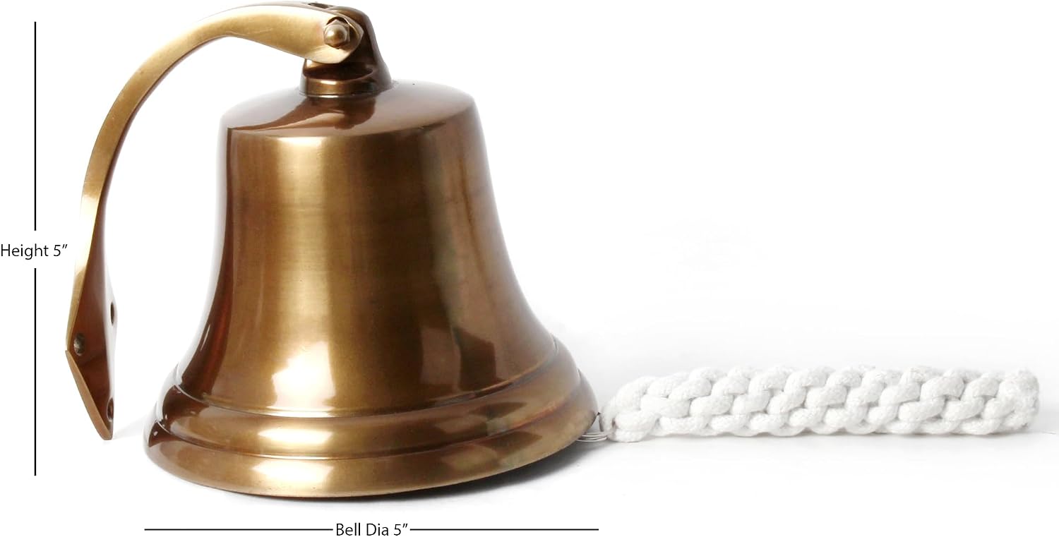5" Solid Antique Brass Bell Quality Marine Wall Mounted Ship Hanging Bell Perfect for Dinner, Indoor, Outdoor, School, Bar, Reception, Last Order & Church