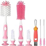 Ariseno 5-in-1 Baby Bottle Brush Set, Including Nylon and Silicone Bottle Brush, Cap, Straw, Nipple Brushes, BPA-Free (Pink)
