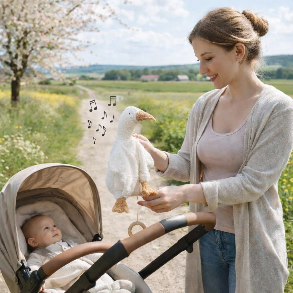 Efie Bio-Spieluhr Gans, Weiß, 100% Baumwollfrottee, Schurwolle-Füllung, GOTS-Zertifiziert, Handgefertigt, Made in Germany, 28 cm (Melodie: LaLeLu)