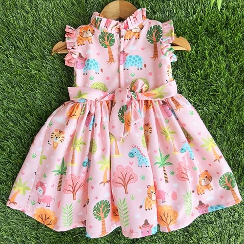 Image of Stanwells Kids Baby Girls Off-White Animal Print Cotton Rayon Knee-Length Frock | Sleeveless Summer Dress with Lion Print & Flared Back Zipper (6 Months-7 Years)