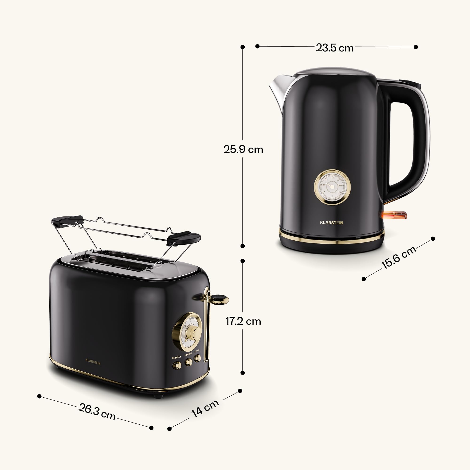 Klarstein Victoria Essential Set per la Colazione - Tostapane 2 Fette con 7 Livelli, Vassoio Raccogli Briciole, Supporto Panini, Bollitore Elettrico 1,7L con Filtro Anticalcare, Nero