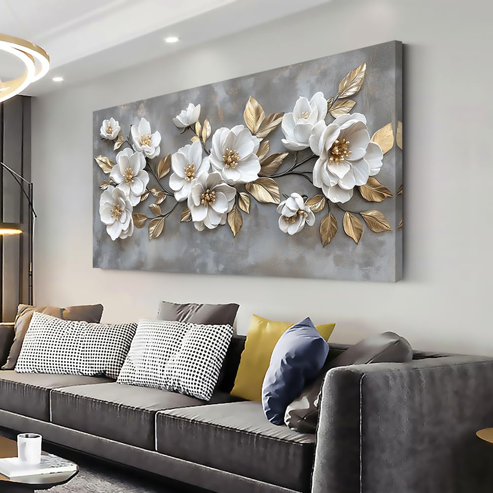 LAVIKARS Modern Gray Flowers Wall Art for Living Room Office White and Golden Floral Landscape Canvas Painting Prints Large Delicate Petals Artwork Kitchen Home Bedroom Decor (16x30 Inches)