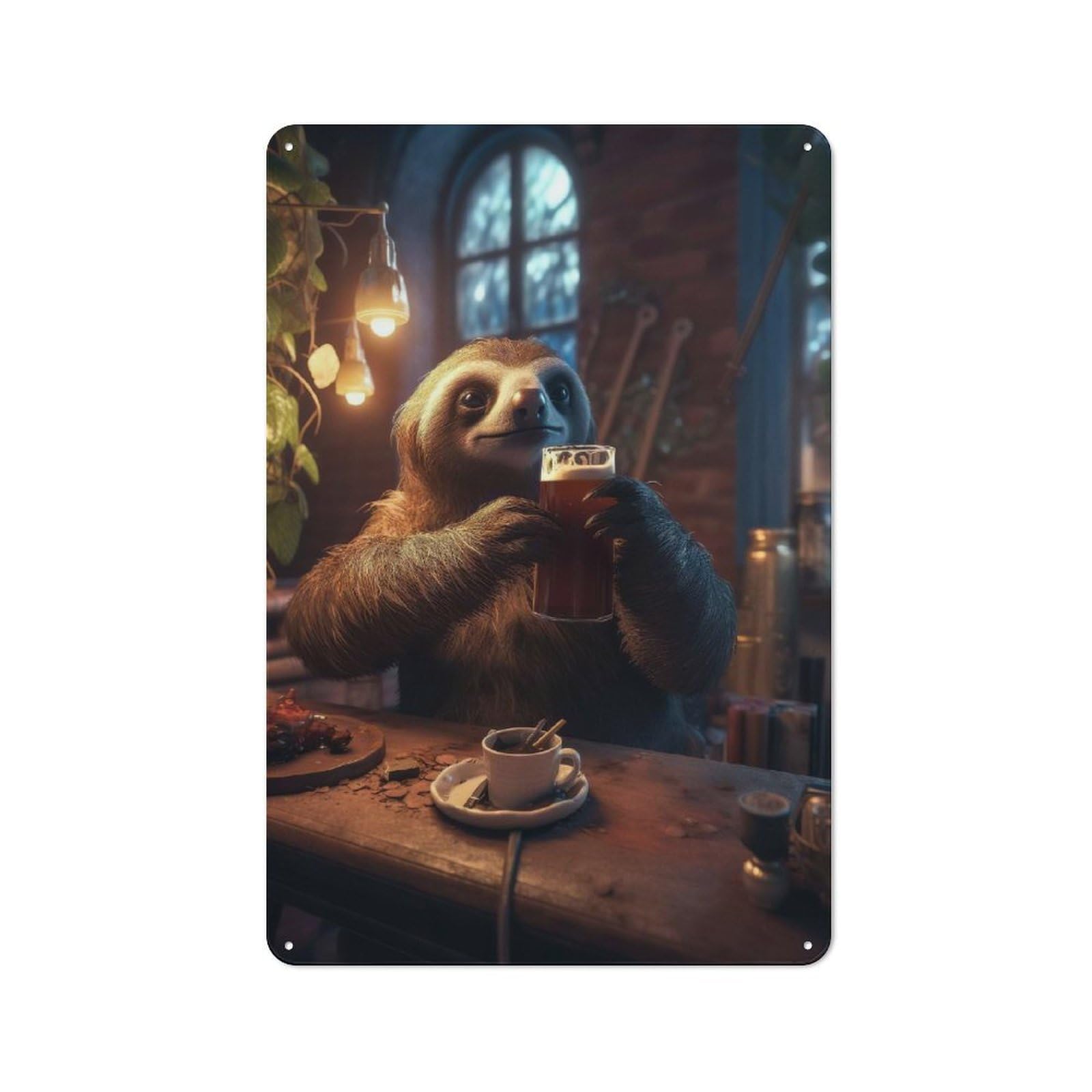 Sloth Drinking Beer Bar Rustic Metal Sign 30x20cm for Café Or Restaurant, Suited to Café Owners And Decorators