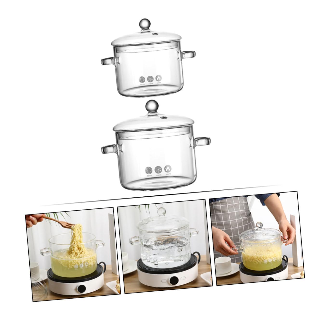 2 Stück Glas Kochtopf mit Doppelgriff Transparenter Glastopf für Herd 1350ml und 1500ml Mikrowellengeeignet für Cerankochfeld für Haushalt