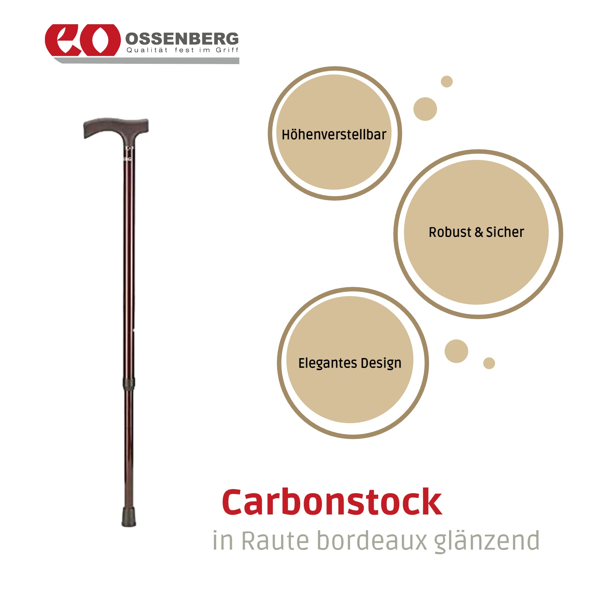 OSSENBERG Bastone in carbonio con manico Fritz, bastone da passeggio regolabile, con elevata portata, bastone da passeggio, lucido con motivo a rombi, portata fino a 120 kg