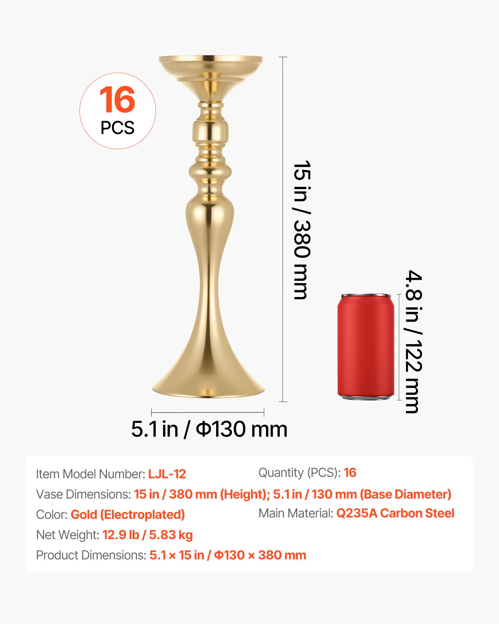 VEVOR 16 STK. Hochzeitsvasen Tafelaufsatz Blumenvasen für Hochzeit 38 cm Hoch, Metall Tafelaufsatz Vasen mit Blumenständern, Mittelstück Tischvase für Hochzeiten Party Jubiläumsfeier Zeremonie, Gold