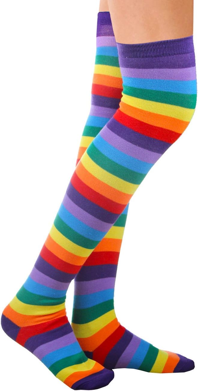 Chalier Womens Rainbow Socks Striped Knee High Socks Arm Warmer Fingerless Gloves Set - Image 4