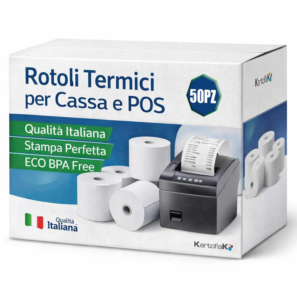 Rotoli Termici 80 mm x 80 metri x 12mm Carta Termica BPA Free Omologata, Scontrini per Cassa Fiscale e Stampante termica, Qualità Italiana, Sale Scommesse, Farmacia (50)