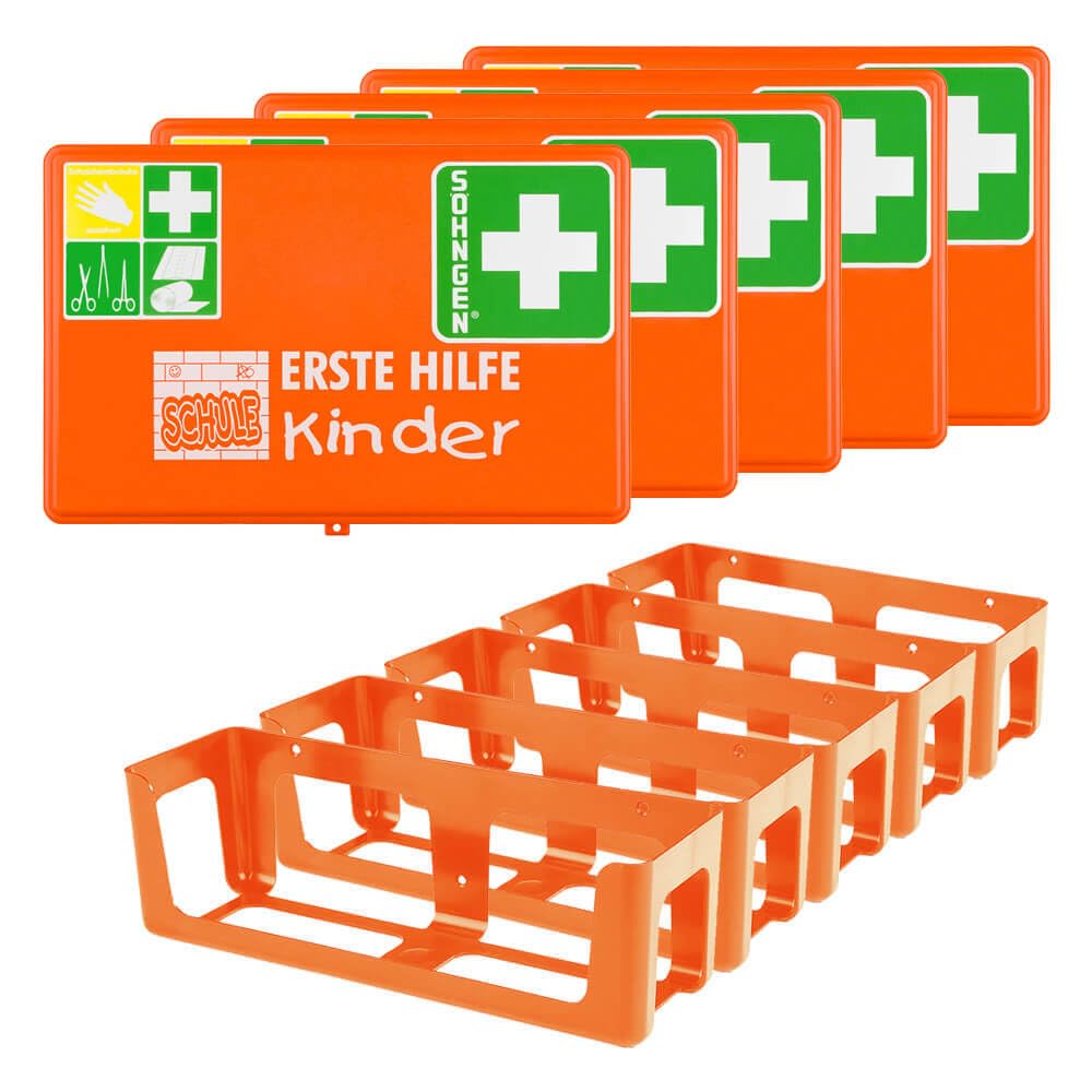 BIGPACK 5 x SÖHNGEN Erste-Hilfe-Kasten Schule, Wandhalterung, DIN 13157, Art.-Nr. 611907 | Verbandskasten | Notfallkoffer | Erste Hilfe Kasten