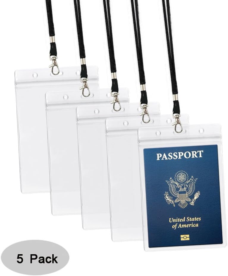 4x6Inch Extra Large Passport Holders ID Badge PVC Card Holder with Lanyards Fill for Passports (5Pcs Black Lanyards)