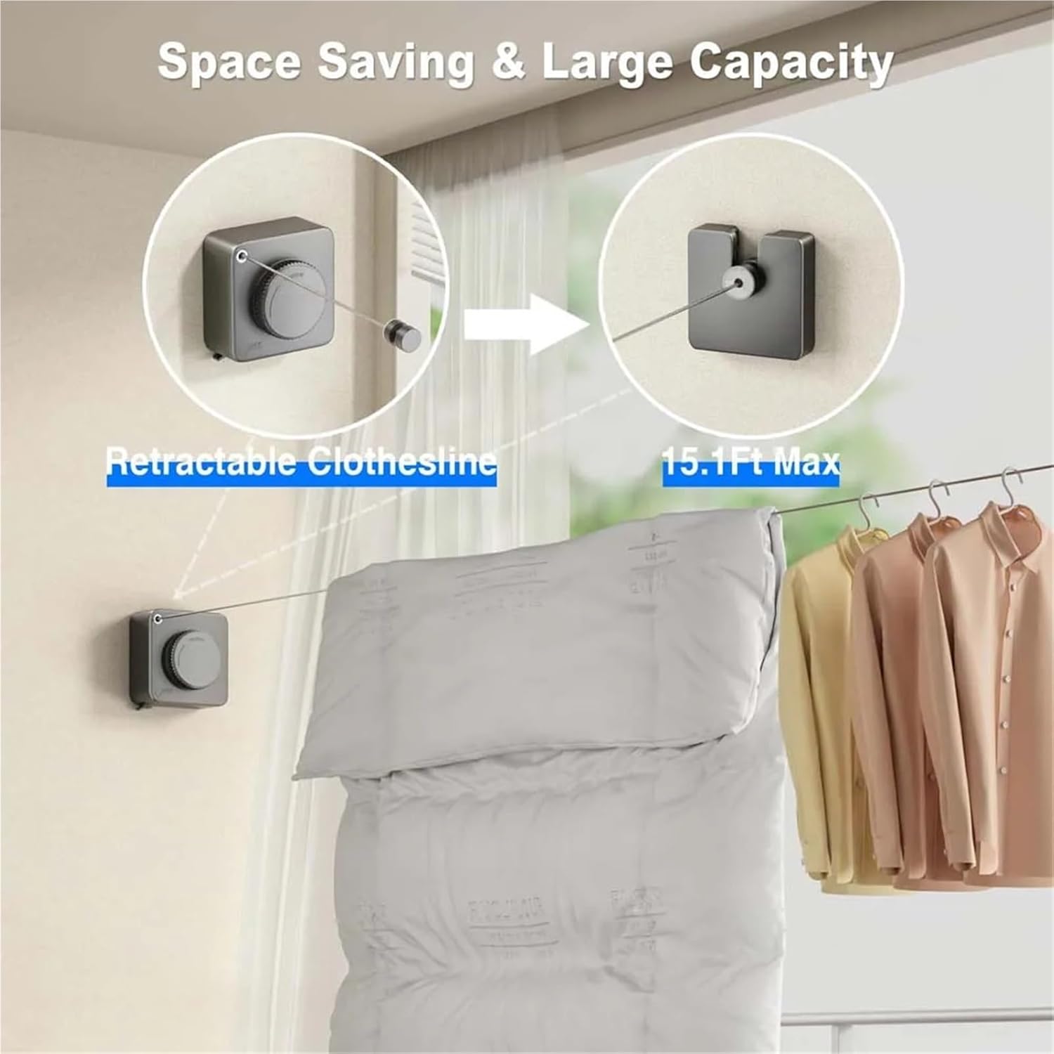 Retractable Clothesline Indoor Retracting Clothes Drying Laundry Line Wall Mounted Non-Sagging Outdoor Hanger for Bathroom, Balcony